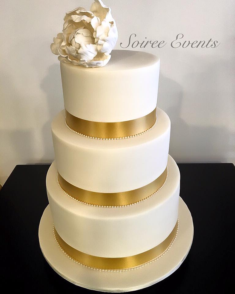Satin & Pearl Ribbon Cake Decoration, Wrap, Sash. Cream, Gold, Natural.  Wedding